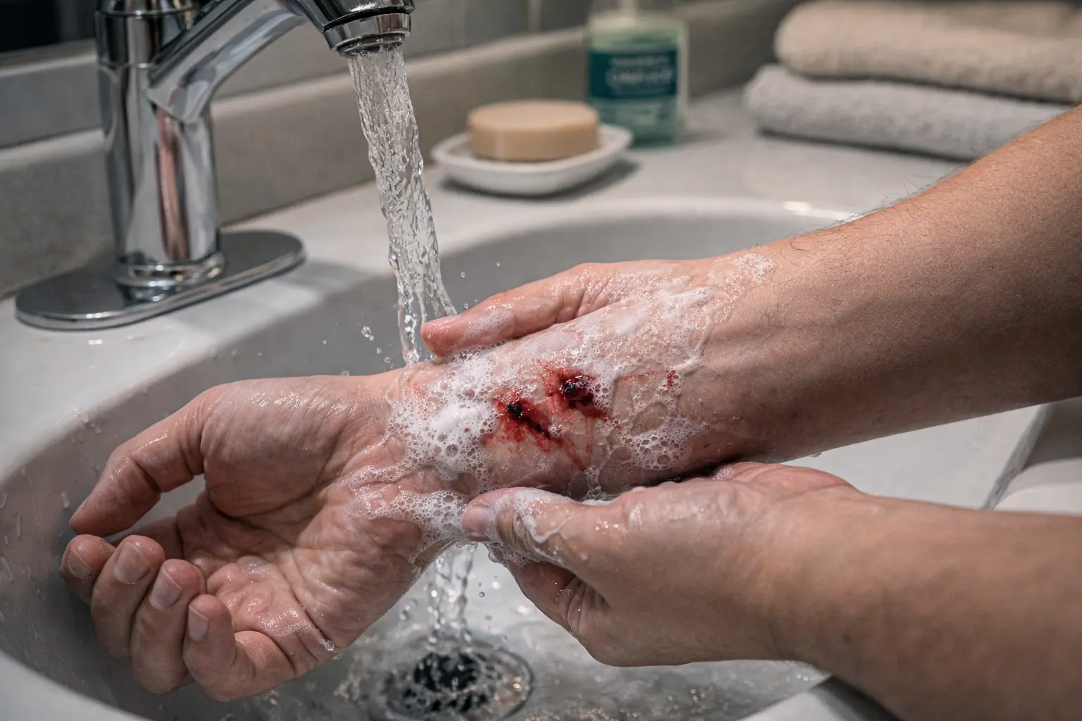 Washing an animal bite wound with soap and water