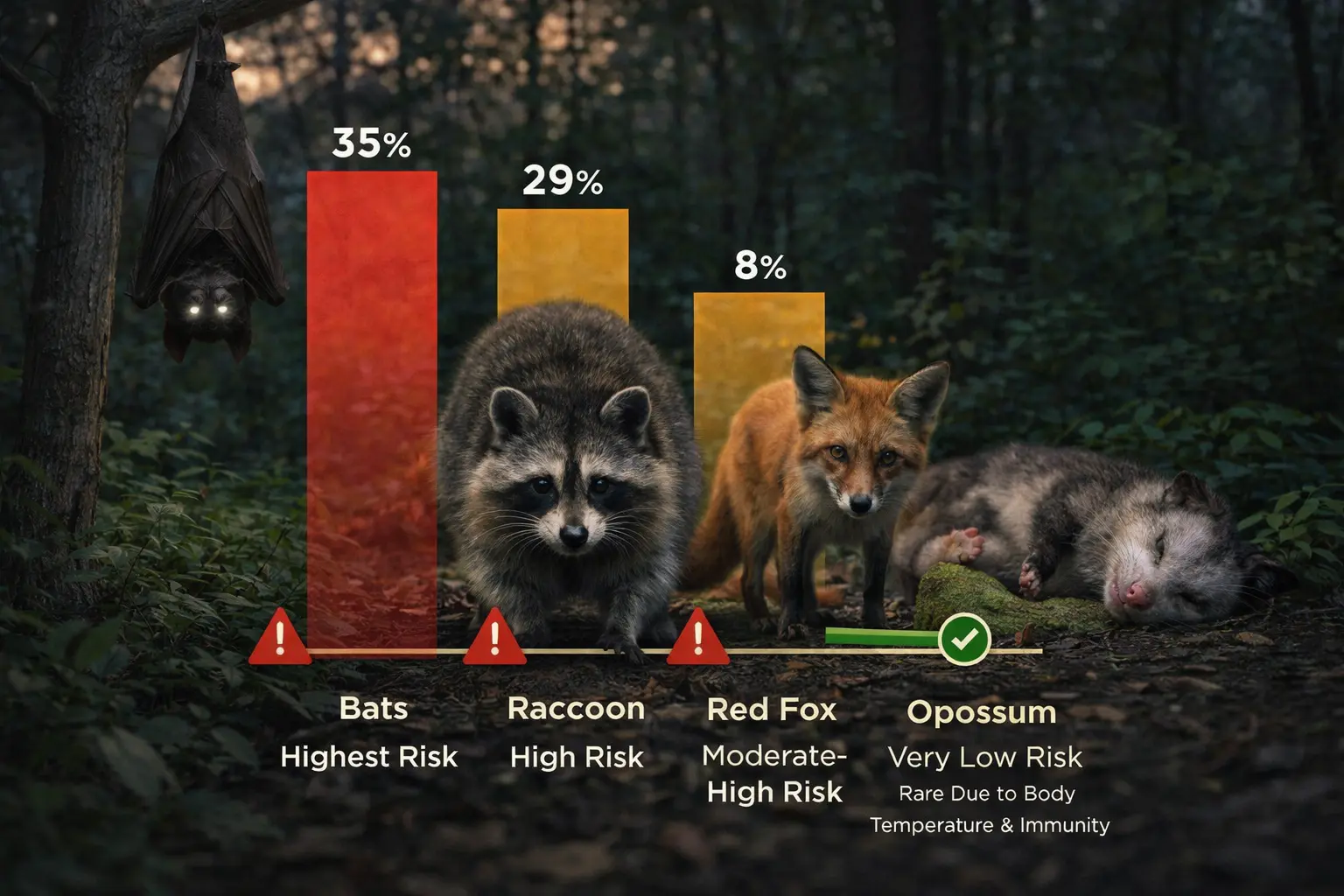 Comparison of wildlife rabies risk including bats raccoons foxes and opossums