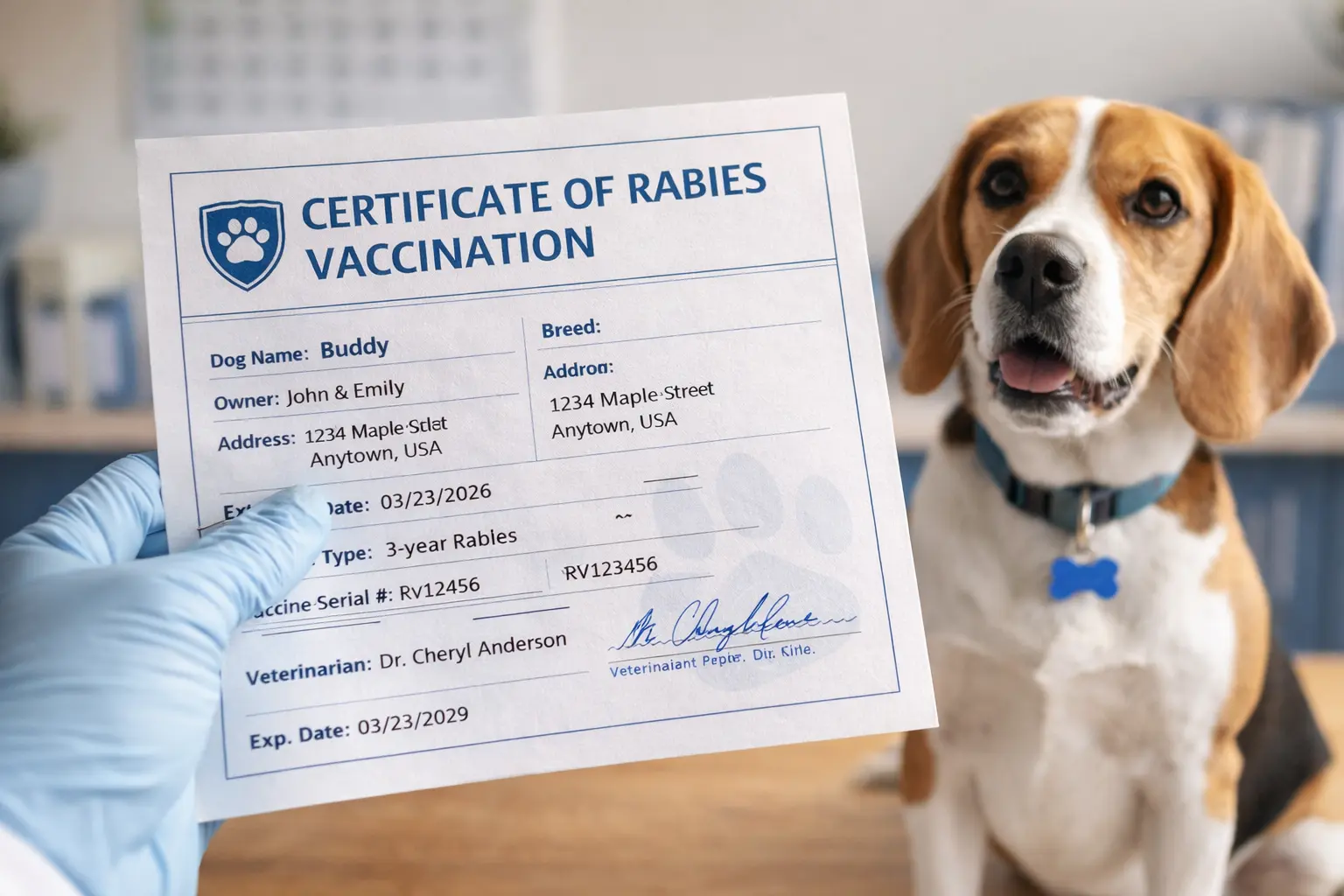Dog rabies vaccination certificate document